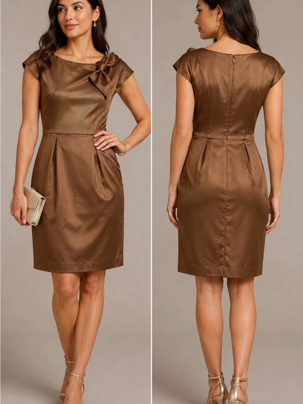 OSCAR by Oscar de la Renta Bronze Satin Bow Sheath Dress Size 10 NWT